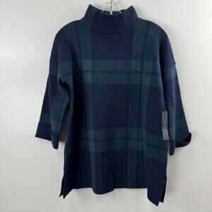 NWT Tahari Women's Pull Over Mock Neck Sweater Green Blue Large Plaid Medium